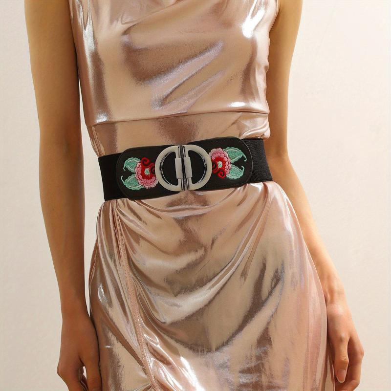 Vintage Flower Embroidery Belt Elastic Wide Waistband Dress Girdle