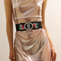 Vintage Flower Embroidery Belt Elastic Wide Waistband Dress Girdle