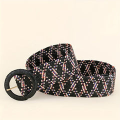 Vintage Braided Straw Belt with Round Buckle for Women