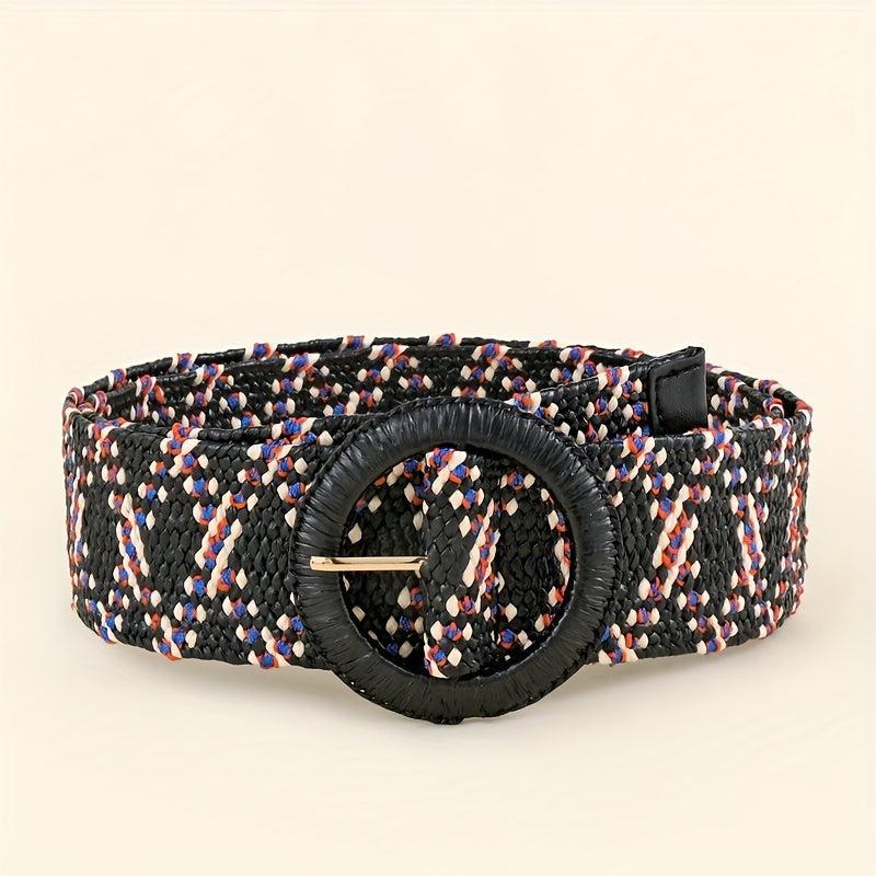 Vintage Braided Straw Belt with Round Buckle for Women