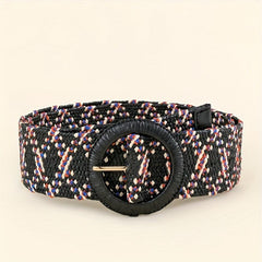 Vintage Braided Straw Belt with Round Buckle for Women