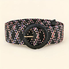 Vintage Braided Straw Belt with Round Buckle for Women