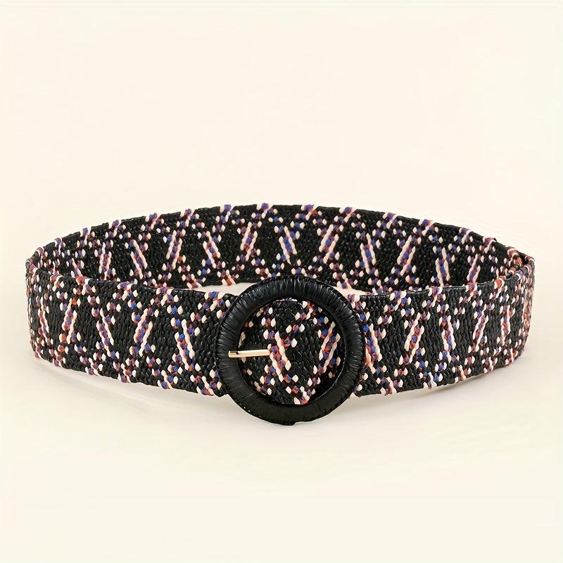 Vintage Braided Straw Belt with Round Buckle for Women