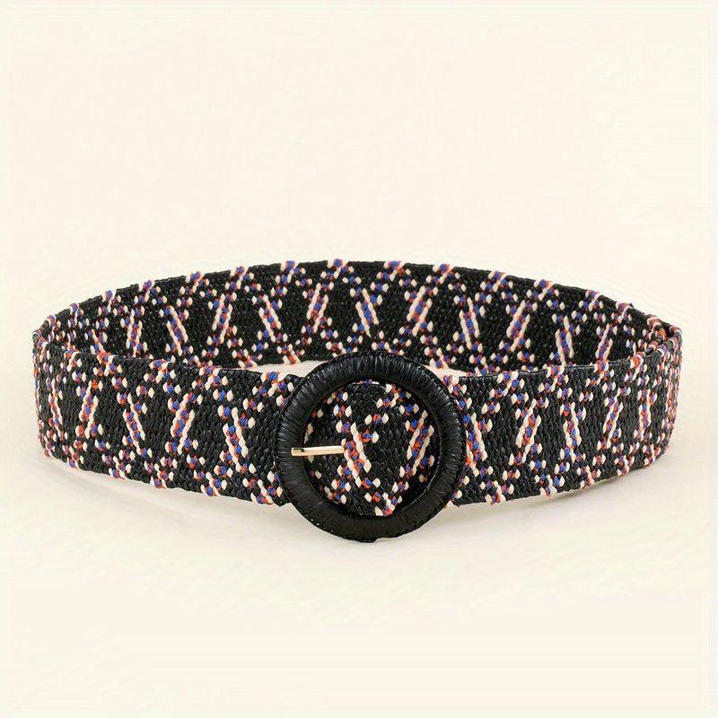 Vintage Braided Straw Belt with Round Buckle for Women