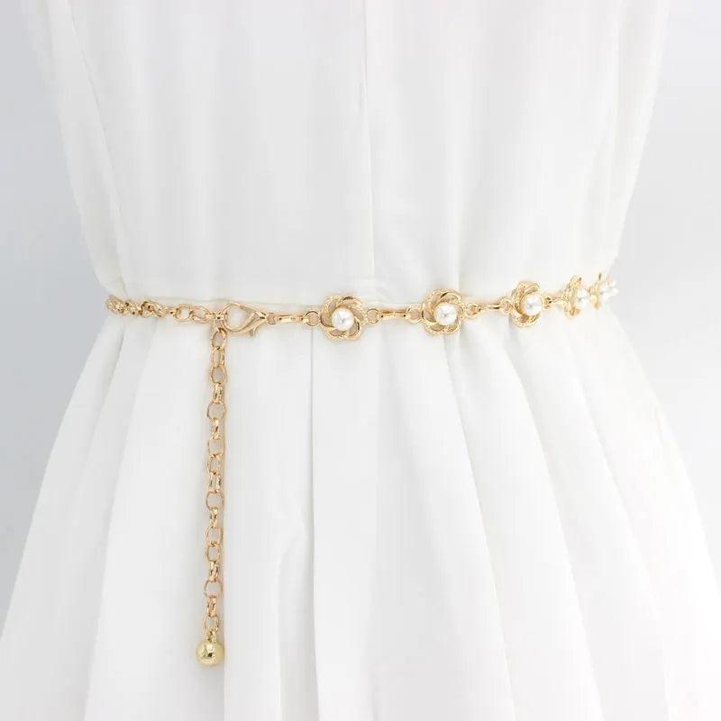 Faux Pearl Chain Decorative Dress Skirt Thin Belt