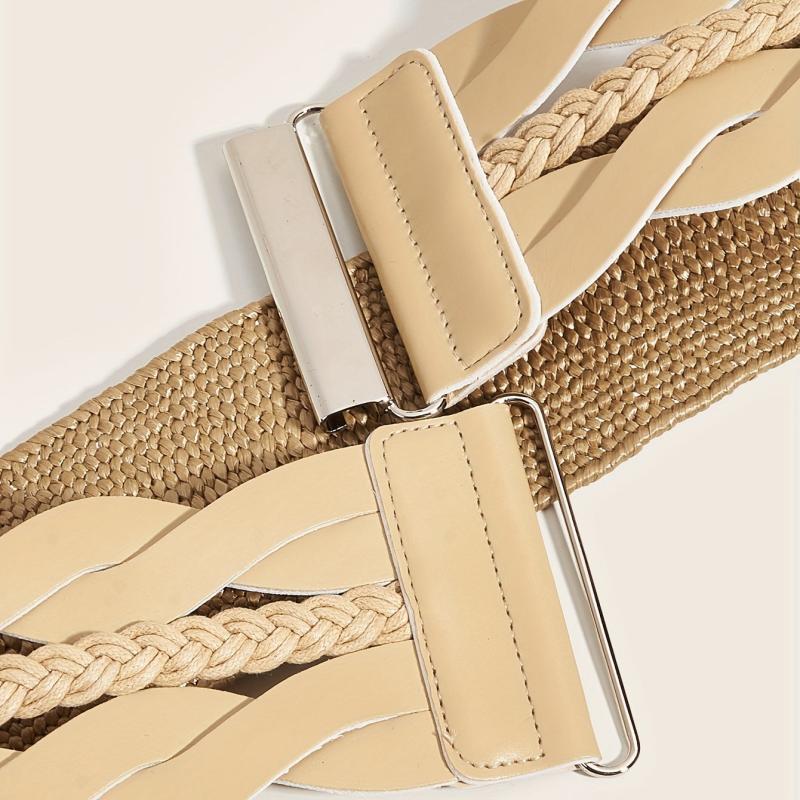 Beige Elastic PU Waistband Hollow Out Braided Wide Belt