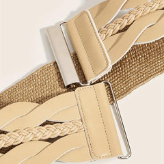 Beige Elastic PU Waistband Hollow Out Braided Wide Belt