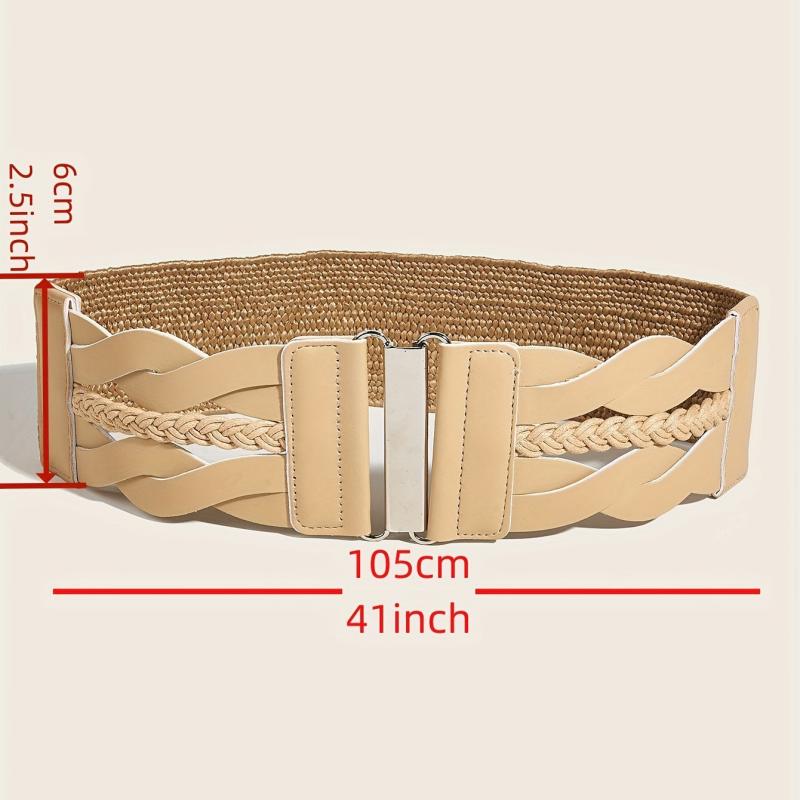 Beige Elastic PU Waistband Hollow Out Braided Wide Belt