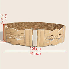 Beige Elastic PU Waistband Hollow Out Braided Wide Belt