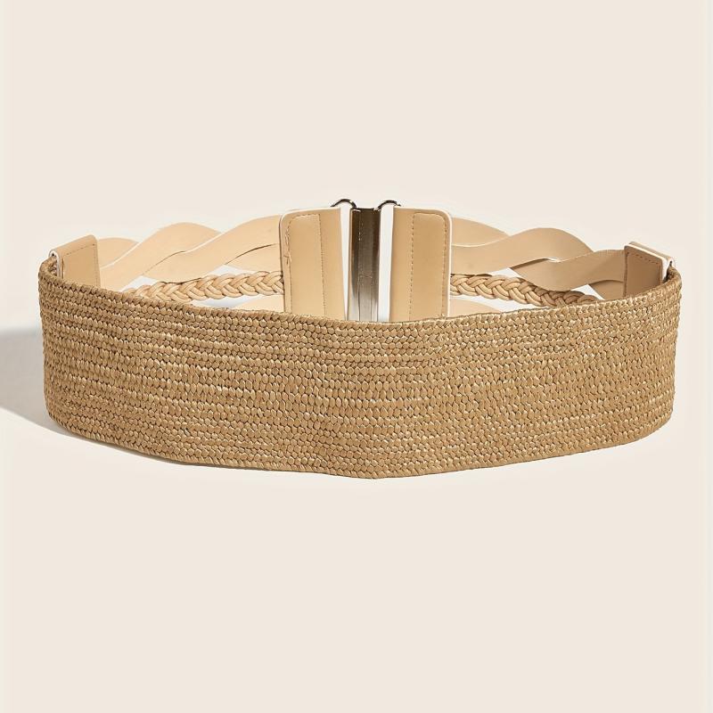 Beige Elastic PU Waistband Hollow Out Braided Wide Belt