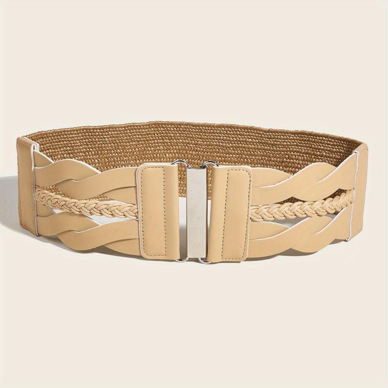 Beige Elastic PU Waistband Hollow Out Braided Wide Belt