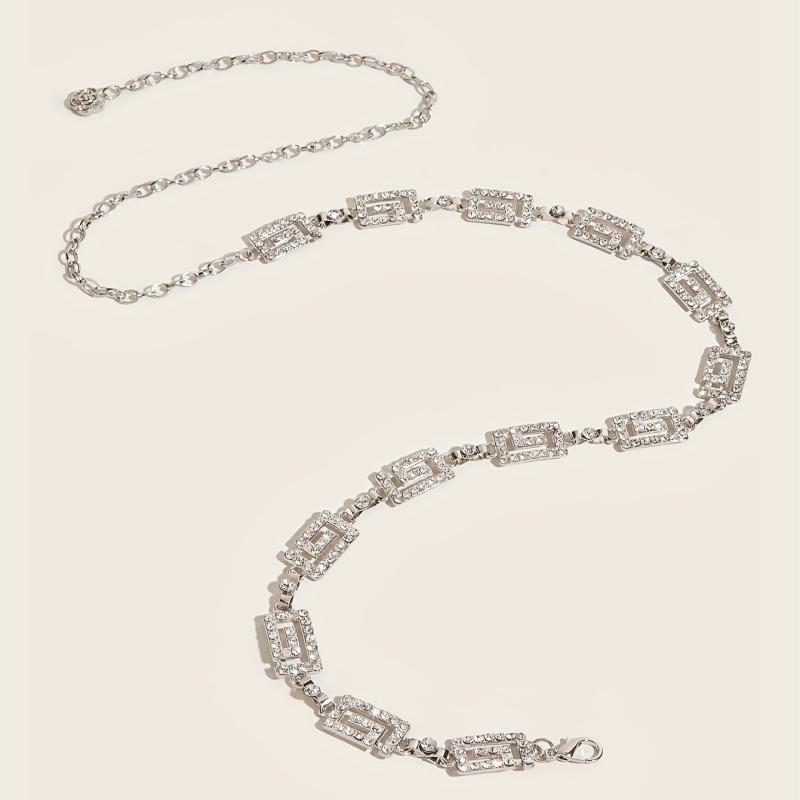 Sparkly Rhinestone Geometric Waist Chain with Flower Pendant