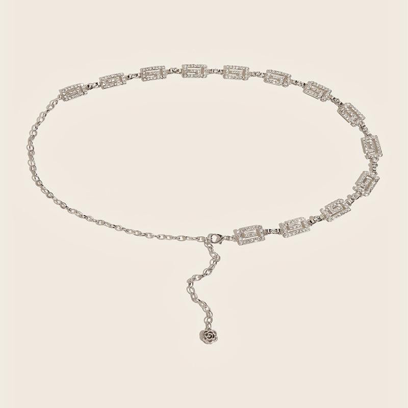 Sparkly Rhinestone Geometric Waist Chain with Flower Pendant