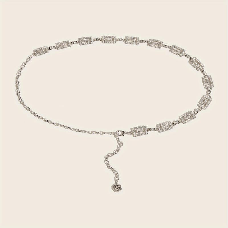 Sparkly Rhinestone Geometric Waist Chain with Flower Pendant