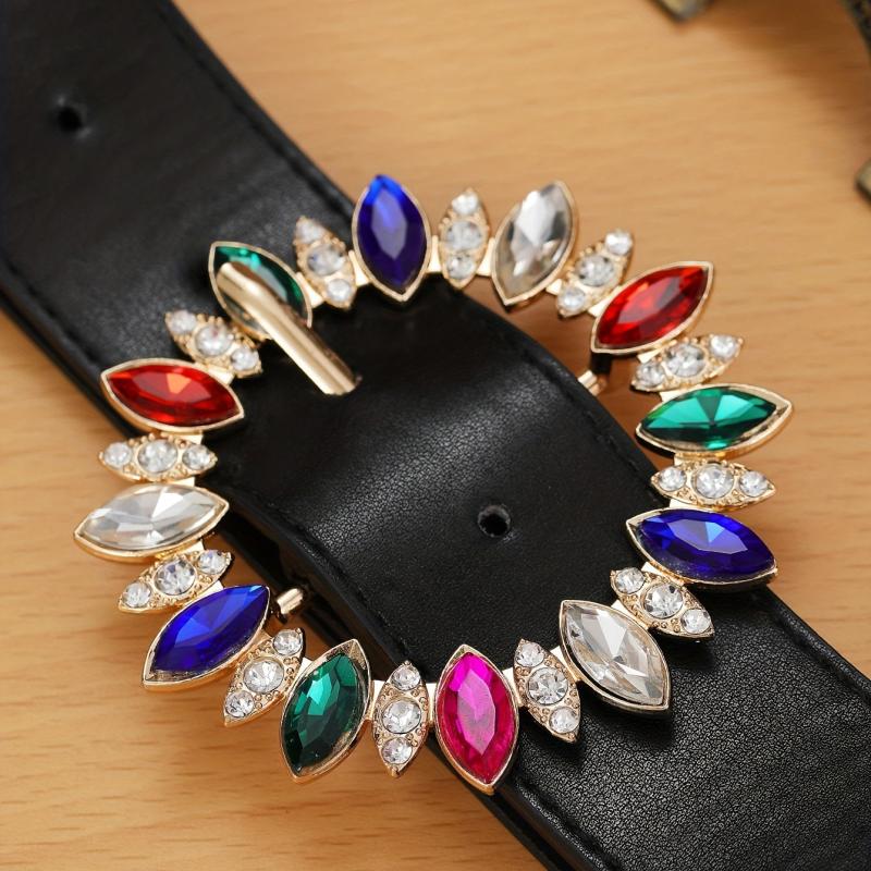 PU Leather Wide Belt Rhinestone Round Buckle Waistband Jeans Coat Girdle