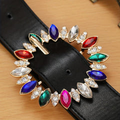 PU Leather Wide Belt Rhinestone Round Buckle Waistband Jeans Coat Girdle