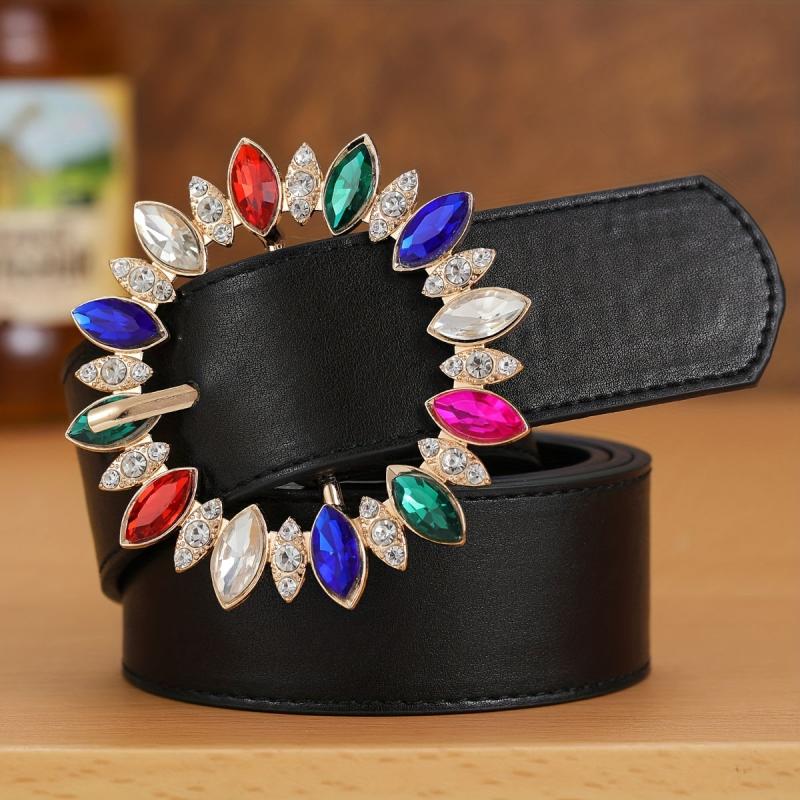 PU Leather Wide Belt Rhinestone Round Buckle Waistband Jeans Coat Girdle