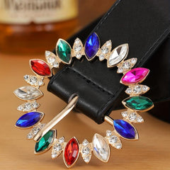 PU Leather Wide Belt Rhinestone Round Buckle Waistband Jeans Coat Girdle