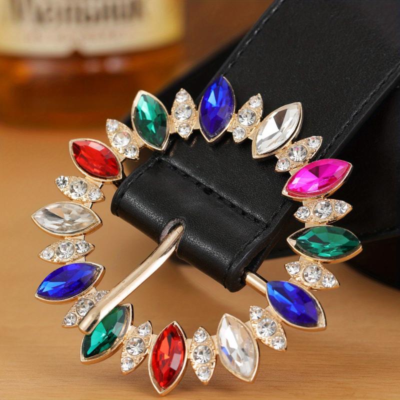 PU Leather Wide Belt Rhinestone Round Buckle Waistband Jeans Coat Girdle