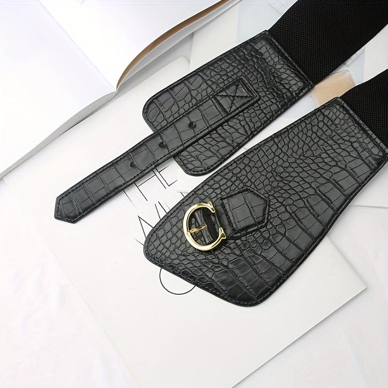Stone Pattern Embossed PU Belt C Buckle Wide Belt Vintage Dress Coat