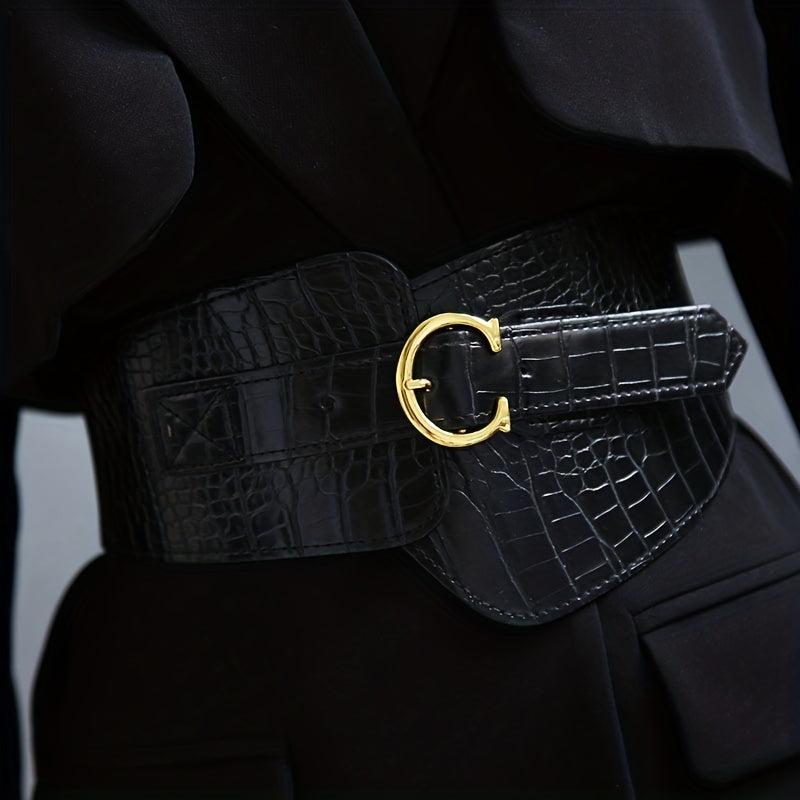 Stone Pattern Embossed PU Belt C Buckle Wide Belt Vintage Dress Coat