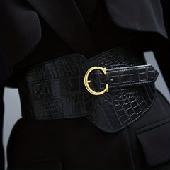 Stone Pattern Embossed PU Belt C Buckle Wide Belt Vintage Dress Coat