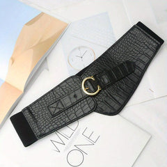 Stone Pattern Embossed PU Belt C Buckle Wide Belt Vintage Dress Coat