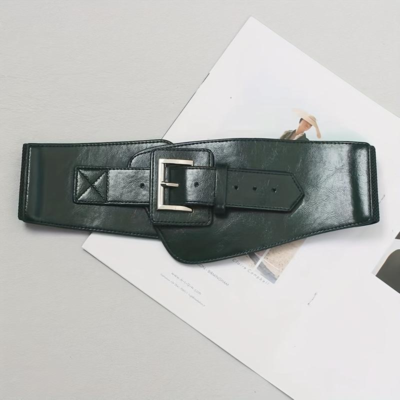 Vintage PU Belt Square Pin Buckle Classic Elastic Wide Waistband