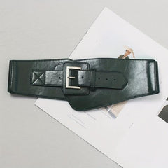 Vintage PU Belt Square Pin Buckle Classic Elastic Wide Waistband