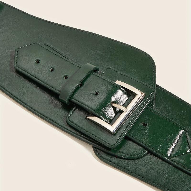 Vintage PU Belt Square Pin Buckle Classic Elastic Wide Waistband