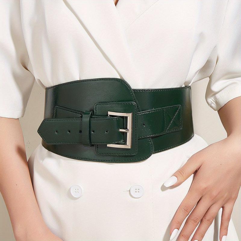 Vintage PU Belt Square Pin Buckle Classic Elastic Wide Waistband