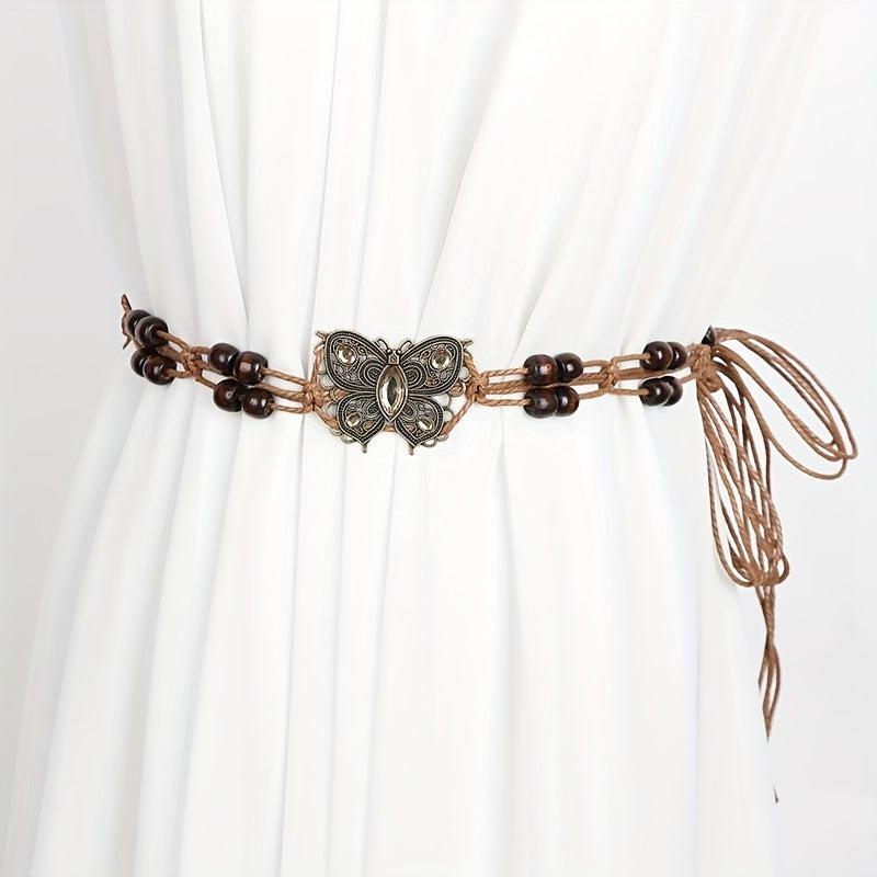 Boho Rhinestone Butterfly Belt Vintage Beaded Braided Sash Belt