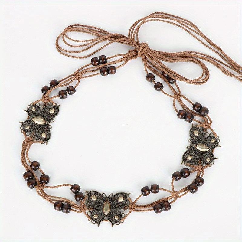 Boho Rhinestone Butterfly Belt Vintage Beaded Braided Sash Belt