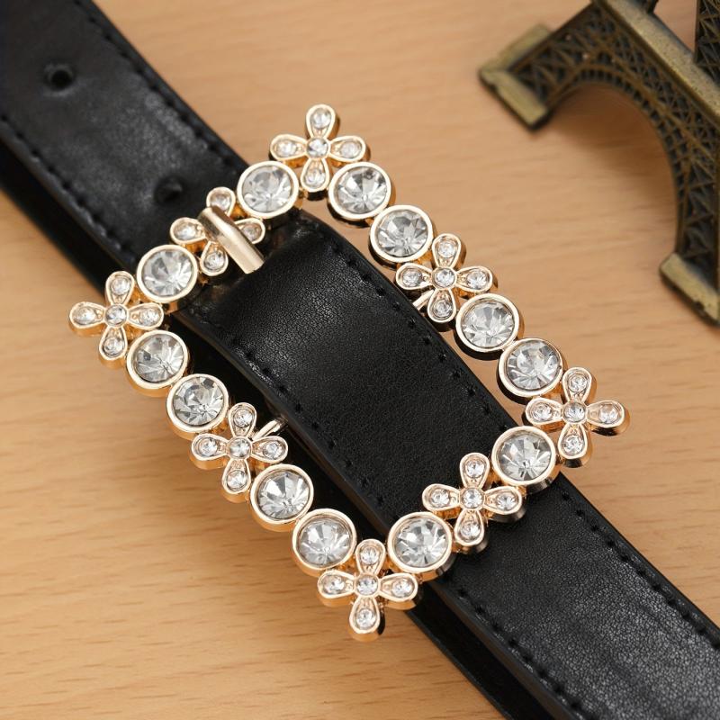 Square Rhinestone Hollow Out Buckle Wide Belt for Women