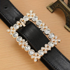 Square Rhinestone Hollow Out Buckle Wide Belt for Women