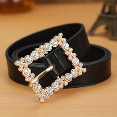 Square Rhinestone Hollow Out Buckle Wide Belt for Women
