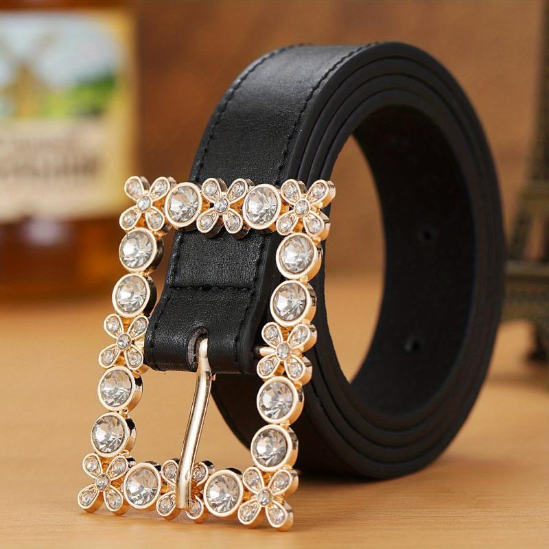 Square Rhinestone Hollow Out Buckle Wide Belt for Women