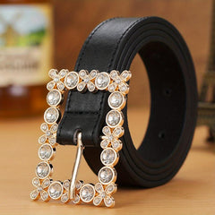 Square Rhinestone Hollow Out Buckle Wide Belt for Women