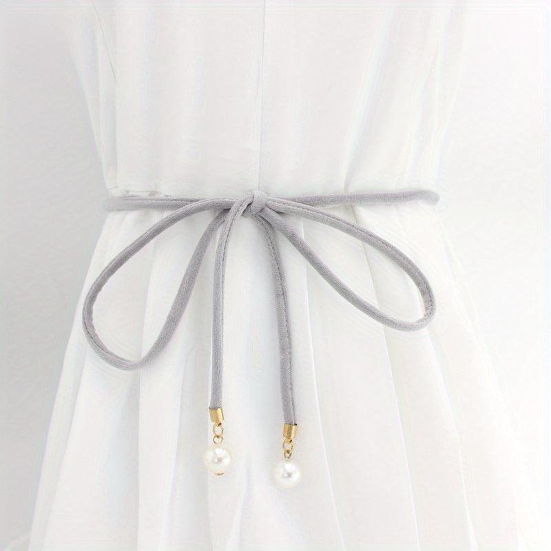 Faux Pearl Pendant Sash Belt Velvet Cloth Knotted Thin Belt
