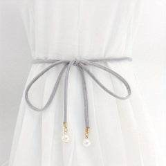 Faux Pearl Pendant Sash Belt Velvet Cloth Knotted Thin Belt
