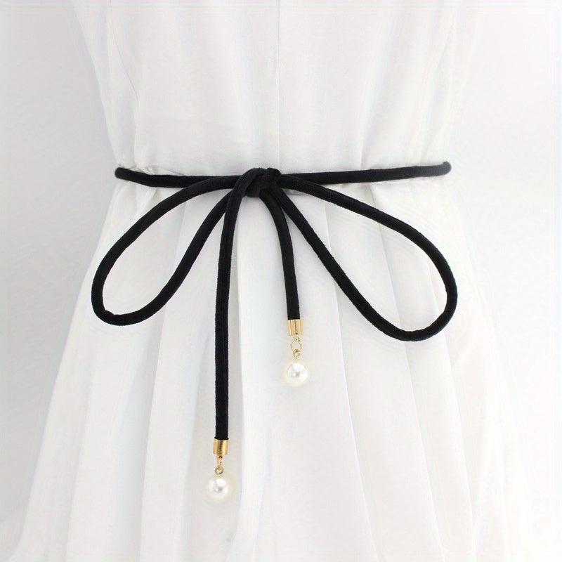 Faux Pearl Pendant Sash Belt Velvet Cloth Knotted Thin Belt