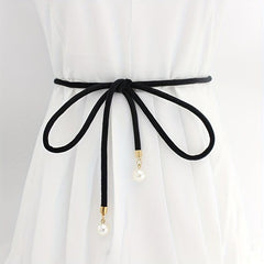 Faux Pearl Pendant Sash Belt Velvet Cloth Knotted Thin Belt