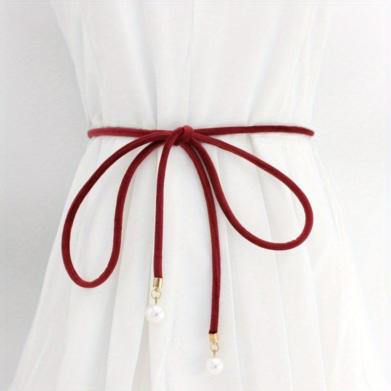 Faux Pearl Pendant Sash Belt Velvet Cloth Knotted Thin Belt