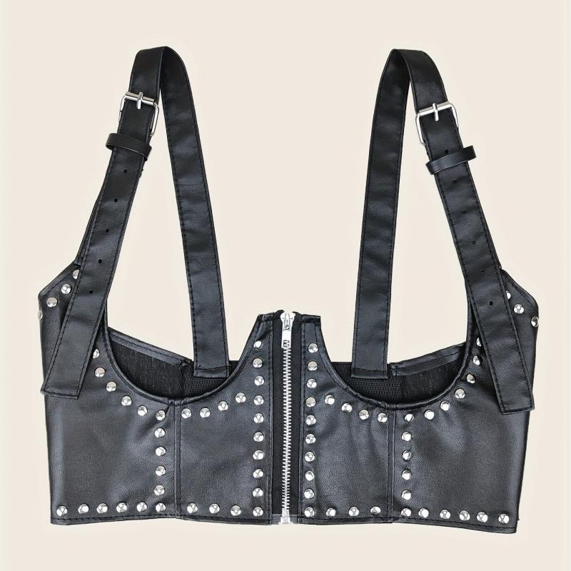 Punk Rivet Zipper Body Harness Corset Belt PU Leather Underbust Waistband
