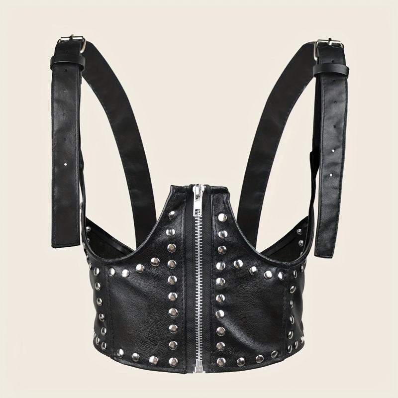 Punk Rivet Zipper Body Harness Corset Belt PU Leather Underbust Waistband