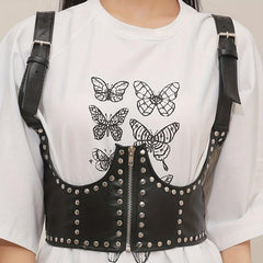 Punk Rivet Zipper Body Harness Corset Belt PU Leather Underbust Waistband