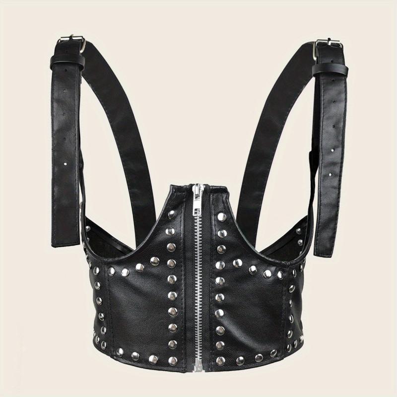Punk Rivet Zipper Body Harness Corset Belt PU Leather Underbust Waistband