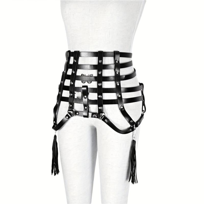 Gothic Tassel Harness Belt PU Leather Waistband for Women