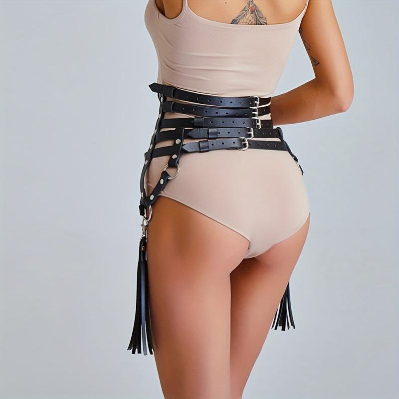Gothic Tassel Harness Belt PU Leather Waistband for Women