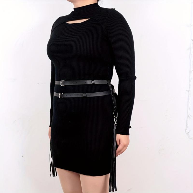  Double Layer Harness Belt PU Leather Fringe Gothic Waistband